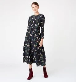 Hobbs Silk Hellebore Floral Print Sleeve Dress, Navy/Multi