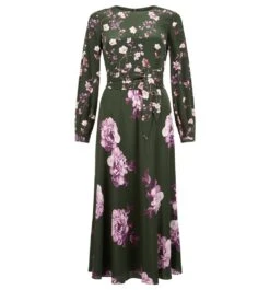 Hobbs Silk Winter Rose Dress, Green/Pink