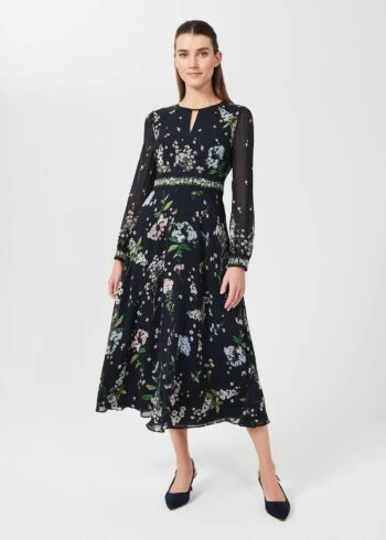 Hobbs Skye Silk Floral Printed Dress, Navy/Multi 1 Hobbs Skye Silk Floral Printed Dress, Navy/Multi
