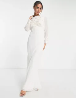 Hope & Ivy Bridal Cowl Back Embroidered Maxi Wedding Dress In Ivory