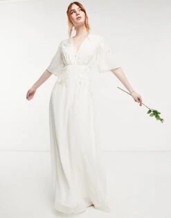 Hope & Ivy Bridal Juliette Floral Beaded And Embellished Maxi Dress With Plunge Neck In Ivory