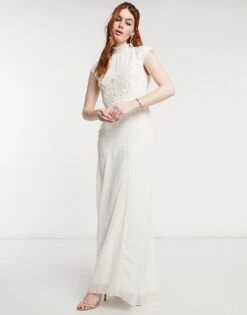 Hope & Ivy Bridal Floral Beaded And Embroidered Maxi Dress With Open Back In Ivory