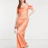 Hope & Ivy Bridesmaid Cold Shoulder Satin Slip Midaxi Dress In Peach