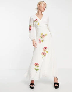 Hope & Ivy Lilbeth Embroidered Midi Dress In Cream/multi