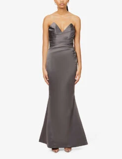 HOUSE OF CB Fleur Sweetheart-neckline Fishtail-hem Woven Maxi Dress, Shadow -EleganceWear Store house of cb fleur sweetheart neckline fishtail hem woven maxi dress shadow