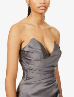 HOUSE OF CB Fleur Sweetheart-neckline Fishtail-hem Woven Maxi Dress, Shadow -EleganceWear Store house of cb fleur sweetheart neckline fishtail hem woven maxi dress shadow3