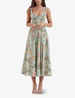 HOUSE OF CB Sabrina Floral-print Cotton-blend Midi Dress, Light Jade/Multi