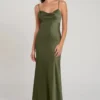 Jenny Yoo Addison Cowl-neck Satin Maxi Dress, Olive Green