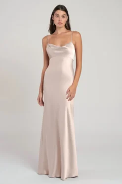Jenny Yoo Addison Cowl-neck Satin Maxi Dress, Prosecco