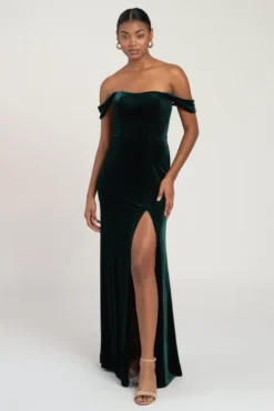 Jenny Yoo Issa Off-shoulder Velvet Maxi Dress, Emerald Green