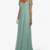 Jenny Yoo Priya Off The Shoulder Long Chiffon Gown Dress, Eucalyptus Green