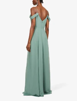 Jenny Yoo Priya Off The Shoulder Long Chiffon Gown Dress, Eucalyptus Green -EleganceWear Store jenny yoo priya off the shoulder long chiffon gown dress eucalyptus green1