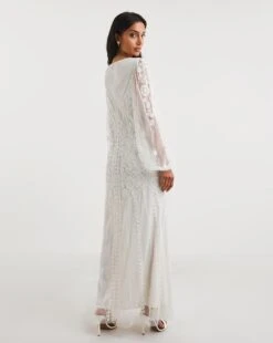 Joanna Hope Beaded Bridal Sheer Sleeve Maxi Dress, Ivory -EleganceWear Store joanna hope beaded bridal sheer sleeve maxi dress ivory1
