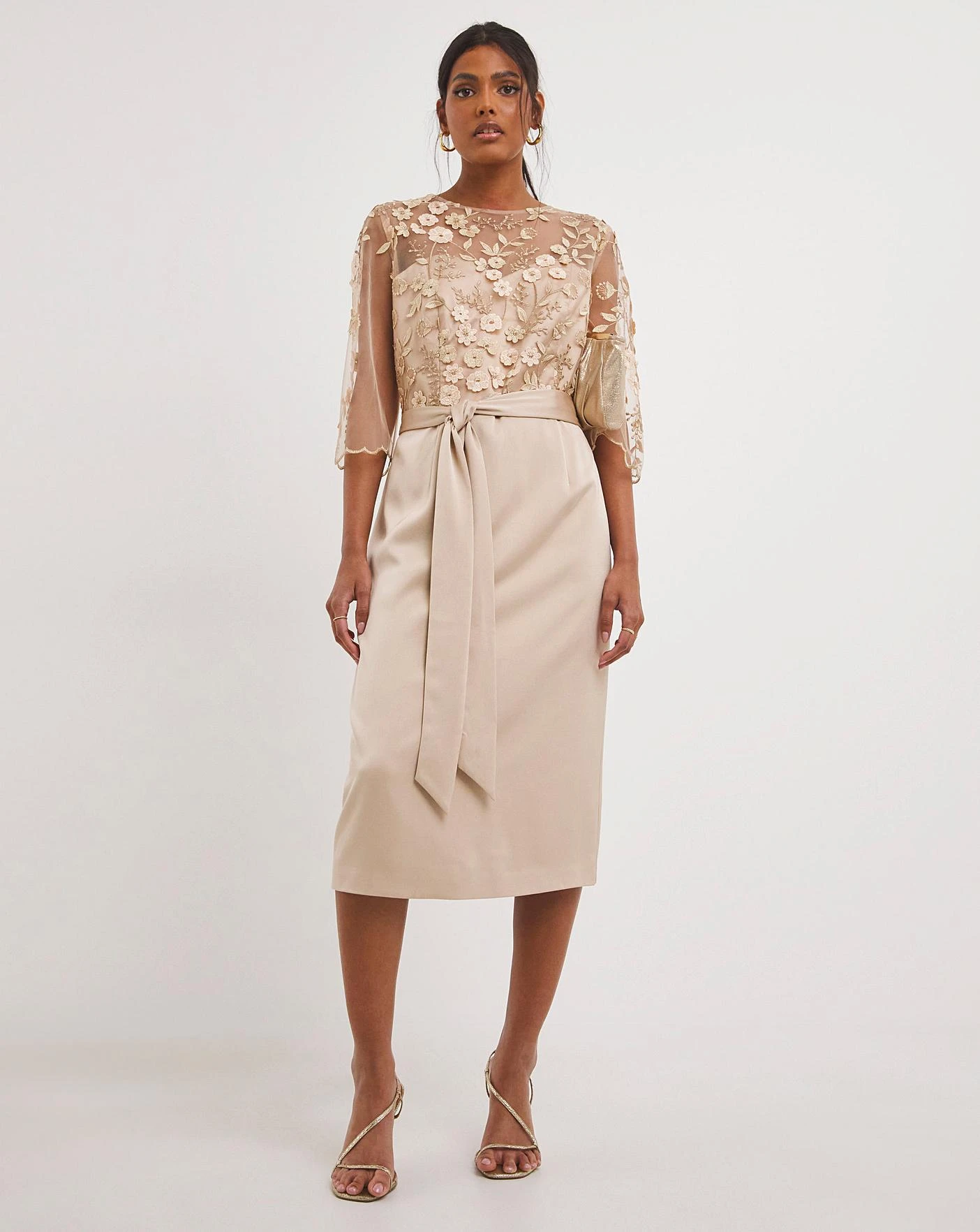 Joanna Hope Latte 3D Lace Scallop Sleeve Satin Midi Dress, Latte/Beige 1 Joanna Hope Latte 3D Lace Scallop Sleeve Satin Midi Dress, Latte/Beige
