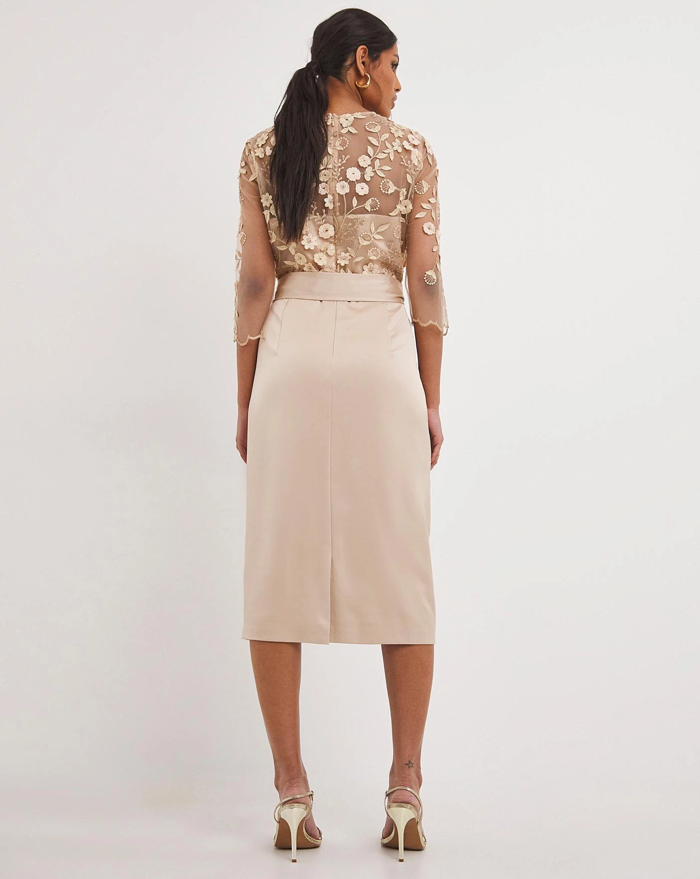 Joanna Hope Latte 3D Lace Scallop Sleeve Satin Midi Dress, Latte/Beige 3 Joanna Hope Latte 3D Lace Scallop Sleeve Satin Midi Dress, Latte/Beige - Image 3