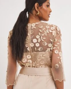 Joanna Hope Latte 3D Lace Scallop Sleeve Satin Midi Dress, Latte/Beige 4 Joanna Hope Latte 3D Lace Scallop Sleeve Satin Midi Dress, Latte/Beige -EleganceWear Store joanna hope latte 3d lace scallop sleeve satin midi dress latte beige2