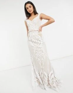 Jovani Bridal Bardot Dress In White, Nude