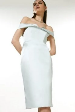 Karen Millen Italian Structured Satin Bardot Dress, Sage Green
