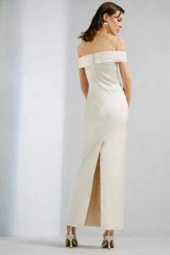 Karen Millen Italian Structured Satin Bardot Maxi Dress, Cream -EleganceWear Store karen millen italian structured satin bardot maxi dress cream1