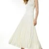 Karen Millen Quilt Satin And Pleat Deep V Midi Dress, Ivory