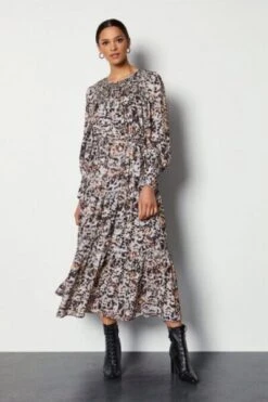 Karen Millen Tiered Midi Dress With Shirring Detail, Multi/Black