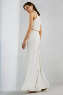 Karen Millen Viscose Crepe Satin Halter Neck Maxi Dress, Ivory -EleganceWear Store karen millen viscose crepe satin halter neck maxi dress ivory1