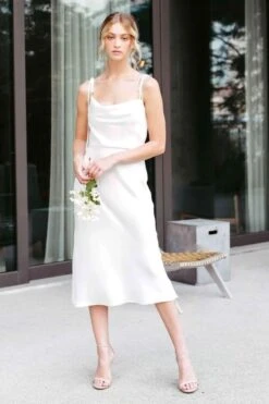 Jenny Yoo Kat Cowl-neck Satin Midi Wedding Dress, Ivory