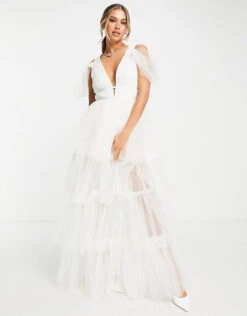 Lace & Beads Bridal Plunge Tulle Maxi Dress In Ivory