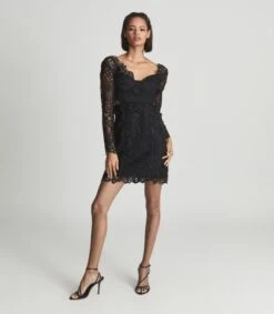 Reiss Erica Lace Bodycon Shift Dress, Black