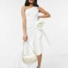 Laced In Love Asymmetric Ruffle Dress With Origami Rose In White