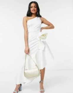 Laced In Love Asymmetric Ruffle Dress With Origami Rose In White