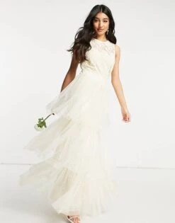 Y.A.S Bridal Maxi Dress With Lace Top And Tulle Tiered Skirt In White