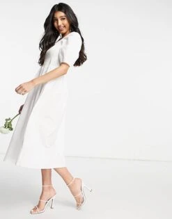 Y.A.S Bridal Poplin Midi Dress With Shirred Top And Puff Sleeves In White