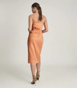 Reiss Kay Linen Midi Dress With Tie Detail, Coral/Pink/Orange -EleganceWear Store linen midi dress with tie detail womens kay in coral pink orange1 e1620654755262