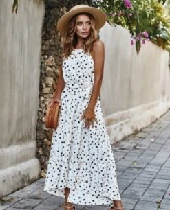 Little Mistress FS Collection Halterneck Tiered High Low Dress, White/Black