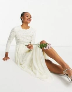 Maya Bridal Long Sleeved Maxi Dress With Delicate Sequin And Tulle Skirt In Ecru White