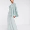 Maya Bridesmaid Allover Contrast Sequin Cape Maxi Dress In Blue Mint
