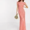 Maya Bridesmaid Allover Delicate Sequin Cap Sleeve Maxi Dress In Coral