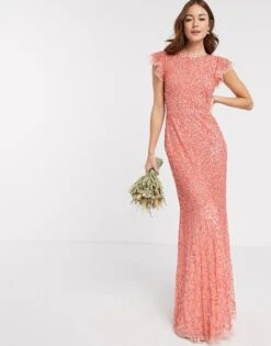 Maya Bridesmaid Allover Delicate Sequin Cap Sleeve Maxi Dress In Coral
