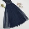 Maya Bridesmaid Bardot Maxi Tulle Dress With Tonal Delicate Sequins In Navy