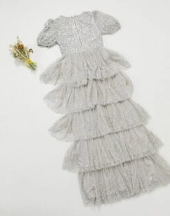Maya Bridesmaid Delicate Sequin Tiered Ruffle Maxi Dress In Silver -EleganceWear Store maya bridesmaid delicate sequin tiered ruffle maxi dress in silver1 e1602679467447