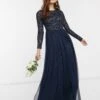 Maya Bridesmaid Long Sleeve Maxi Tulle Dress With Tonal Delicate Sequins In Navy