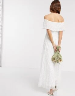 Maya Bridesmaid Off Shoulder Overlay Sequin Midaxi Dress In White -EleganceWear Store maya bridesmaid off shoulder overlay midaxi dress in white1