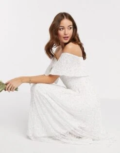 Maya Bridesmaid Off Shoulder Overlay Sequin Midaxi Dress In White -EleganceWear Store maya bridesmaid off shoulder overlay midaxi dress in white2 e1587385399635