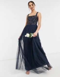 Maya Bridesmaid Sleeveless Square Neck Maxi Tulle Dress With Tonal Delicate Sequin Overlay In Navy