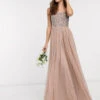 Maya Bridesmaid Square Neck Maxi Tulle Dress Sequin Taupe Blush
