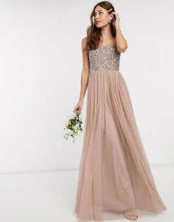 Maya Bridesmaid Square Neck Maxi Tulle Dress Sequin Taupe Blush