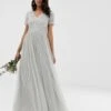 Maya Bridesmaid V Neck Maxi Tulle Sequin Dress, Grey/silver