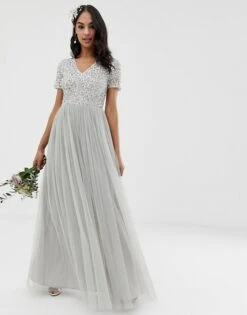 Maya Bridesmaid V Neck Maxi Tulle Sequin Dress, Grey/silver