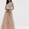 Maya Bridesmaid V Neck Sequin Maxi Tulle Bridesmaid Dress, Taupe/blush
